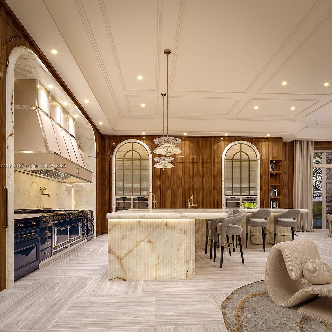 This is a luxurious kitchen featuring a large marble island with seating, custom cabinetry, and high-end appliances. The kitchen is illuminated by pendant lighting and recessed ceiling lights, creating a warm and inviting atmosphere. The design incorporates natural wood and marble accents, adding to the overall elegance.