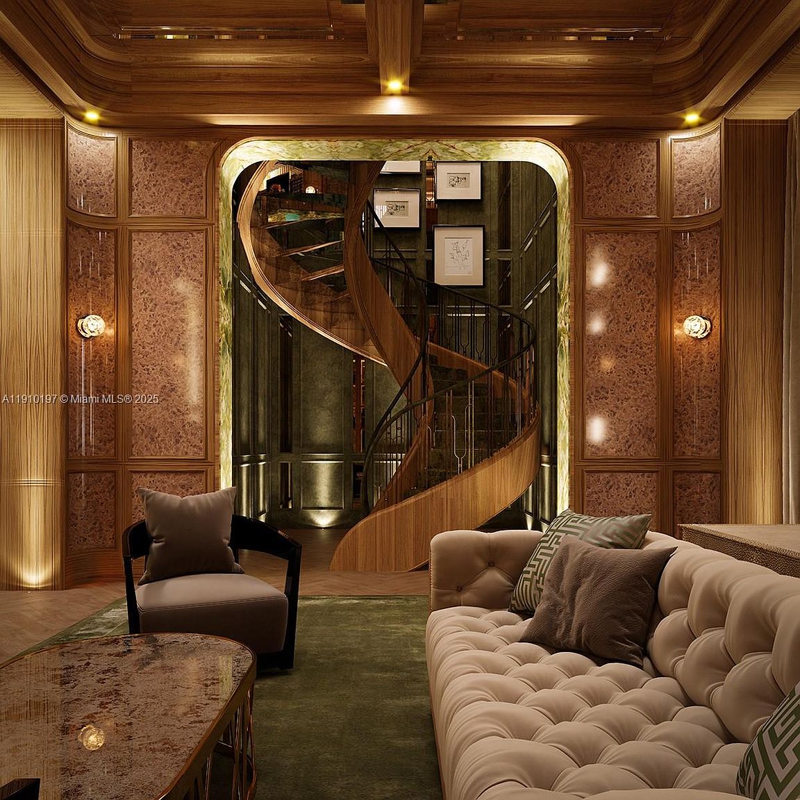 This interior showcases a luxurious living room with a unique spiral staircase as a focal point. The room features rich wood paneling, a plush tufted sofa, and a comfortable armchair, creating a warm and inviting atmosphere. The design blends classic elegance with modern architectural elements, perfect for a sophisticated buyer.