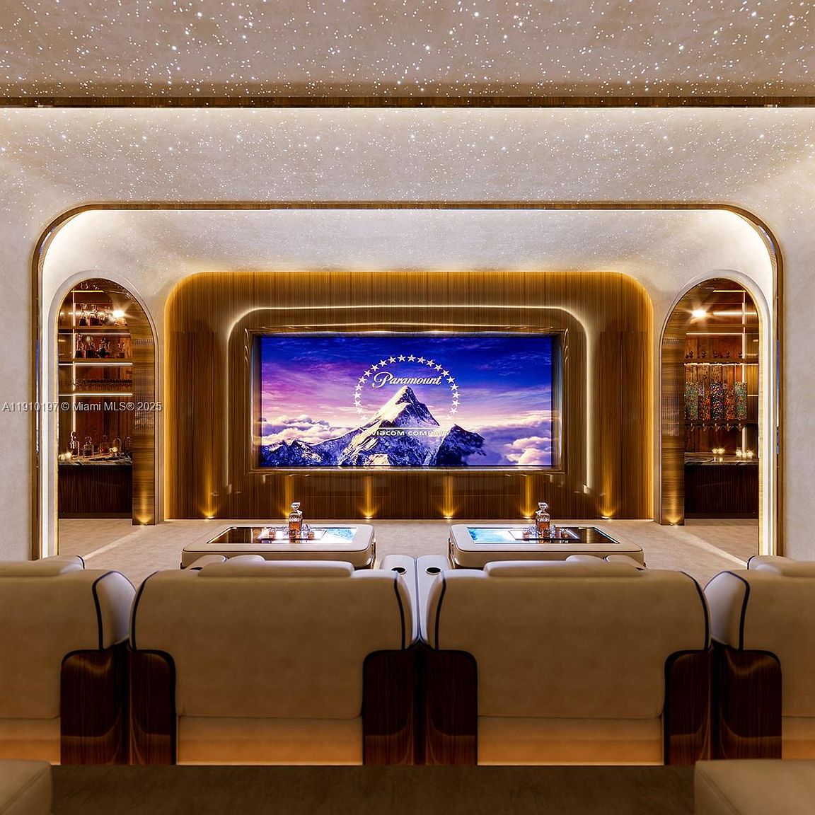 This is a luxurious home theater featuring plush seating, custom wood paneling, and a large screen displaying the Paramount logo. The room includes built-in bars on either side and a starry ceiling, creating a high-end cinematic experience. The perspective is from the back of the room, showcasing the entire setup.