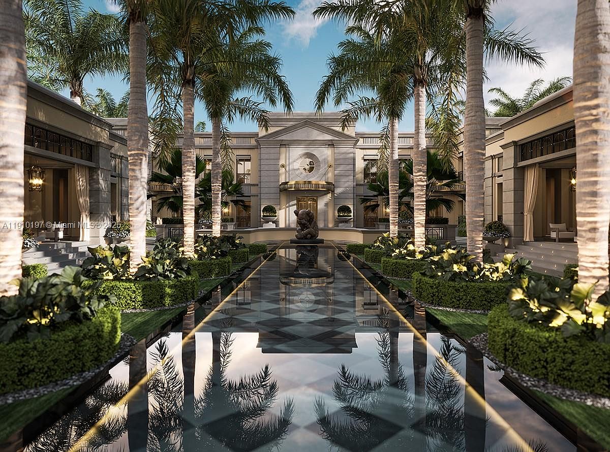 This is a symmetrical front view of a luxurious estate, featuring a grand entrance with palm trees lining a reflecting pool. The architecture is classical with a modern twist, showcasing a central building with symmetrical wings. The reflecting pool creates a dramatic effect, mirroring the building and the sky, enhancing the property's elegance and curb appeal.