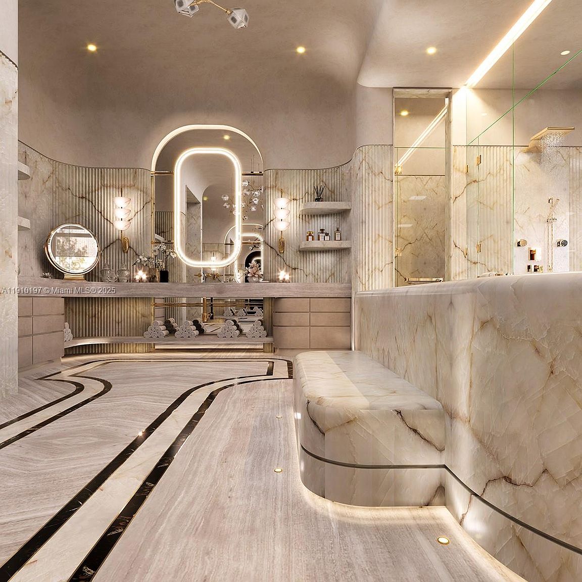This is a luxurious primary bathroom featuring marble walls and flooring with black accent lines. The bathroom includes a vanity with a lighted mirror, a seating area, and a glass-enclosed shower. The overall impression is one of opulence and modern design.