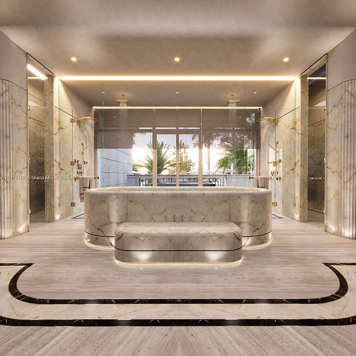 This is a luxurious primary bathroom featuring marble walls and flooring with a black accent border. The focal point is a curved marble vanity with a matching bench, illuminated by subtle lighting. Glass-enclosed showers with rainfall showerheads are visible in the background, creating a spa-like atmosphere.