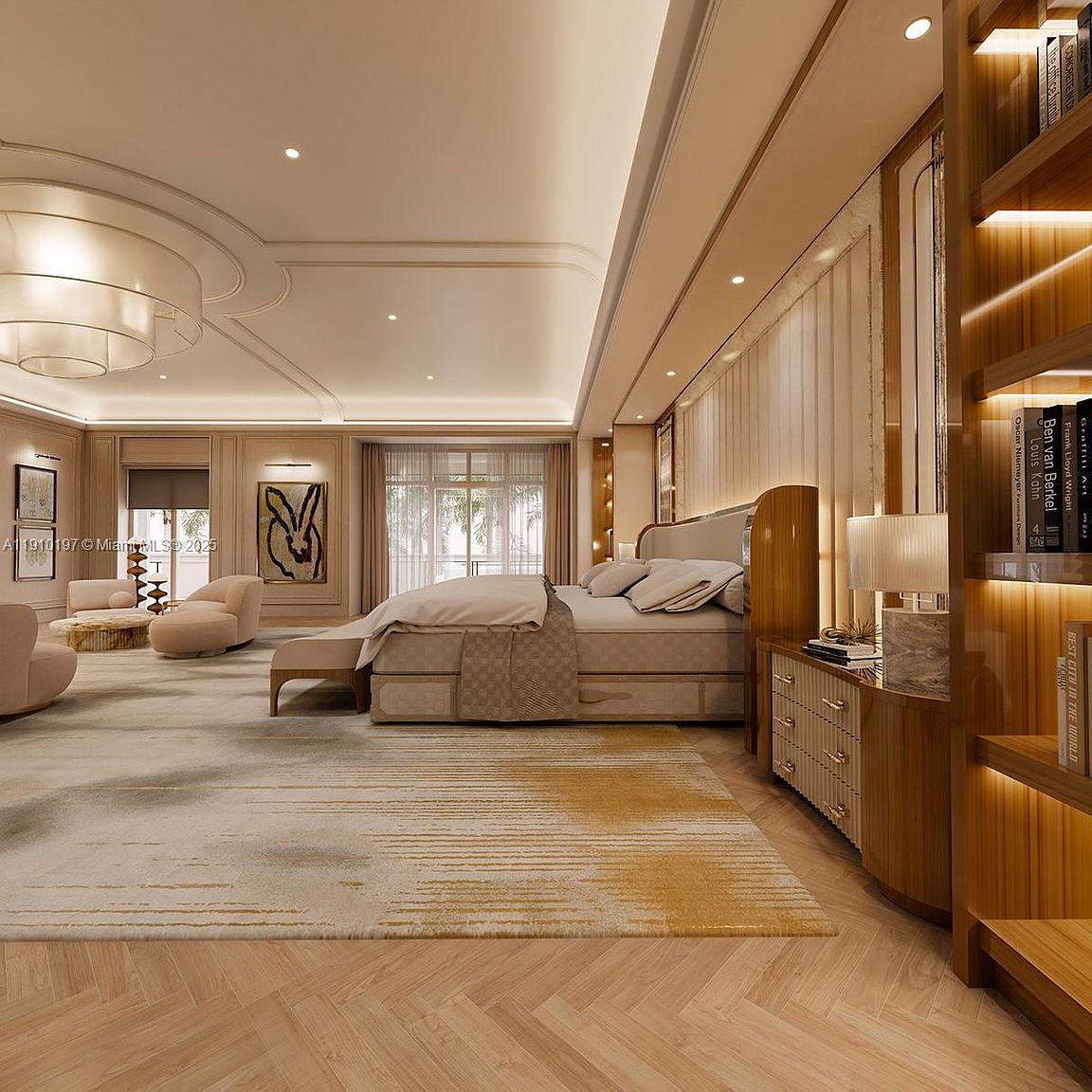 This is a luxurious primary bedroom featuring a large bed with a padded headboard, complemented by a neutral color palette and elegant furnishings. The room includes a seating area with plush chairs, a stylish rug, and custom built-in shelving with accent lighting. The overall impression is one of sophistication and comfort, ideal for a high-end real estate listing.