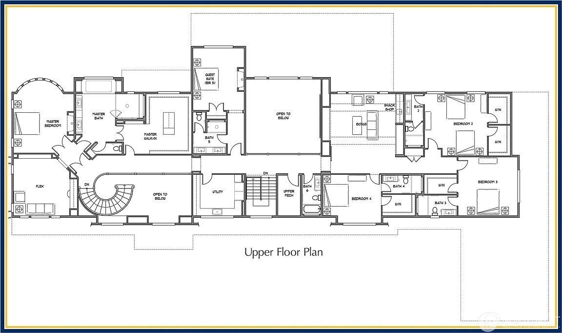 This image displays a detailed architectural floor plan for the upper level of a large luxury residence. The layout features a spacious master suite with a private bath and walk-in closet, multiple additional bedrooms with en-suite bathrooms, a bonus room, and a central open-to-below area. The design includes a grand curved staircase, a utility room, and various mechanical spaces, reflecting a sprawling and highly functional residential design.
