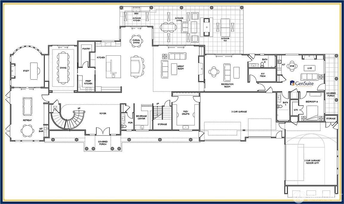 This image is a detailed architectural floor plan of a large, luxury residential property. The layout features an expansive main living area with a great room, kitchen, and prep kitchen, alongside specialized spaces like a study, retreat, recreation room, and a dedicated guest suite with its own living area. The design includes multiple outdoor living spaces, a three-car garage, and a separate two-car garage with an indoor gym, showcasing a sprawling, high-end estate configuration.