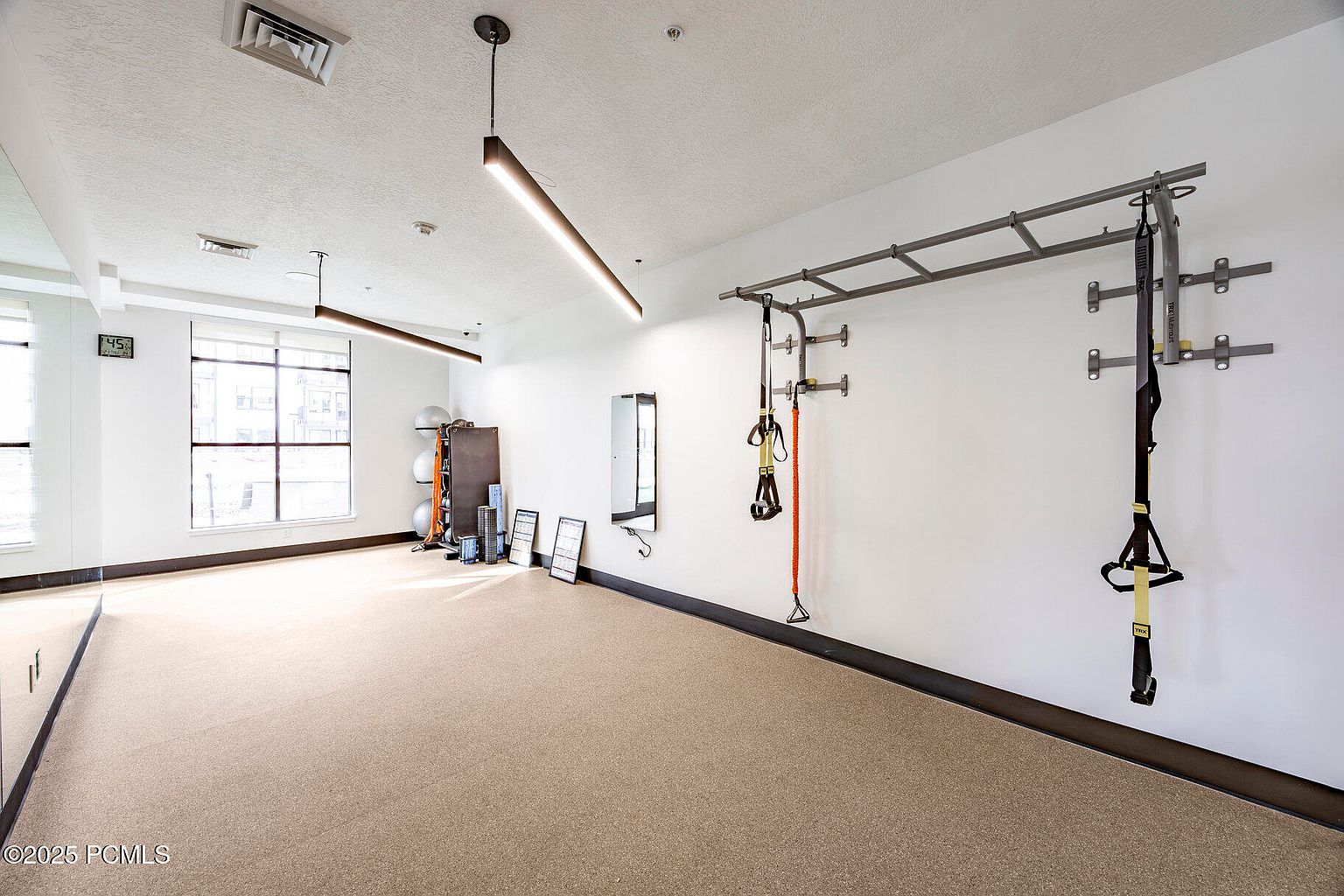 This is an interior shot of a home gym featuring a neutral-toned carpet, white walls, and a high ceiling. The room is equipped with wall-mounted exercise equipment, including a ladder-like structure and suspension training systems. Natural light streams in through a large window, and the overall impression is a clean and functional workout space.