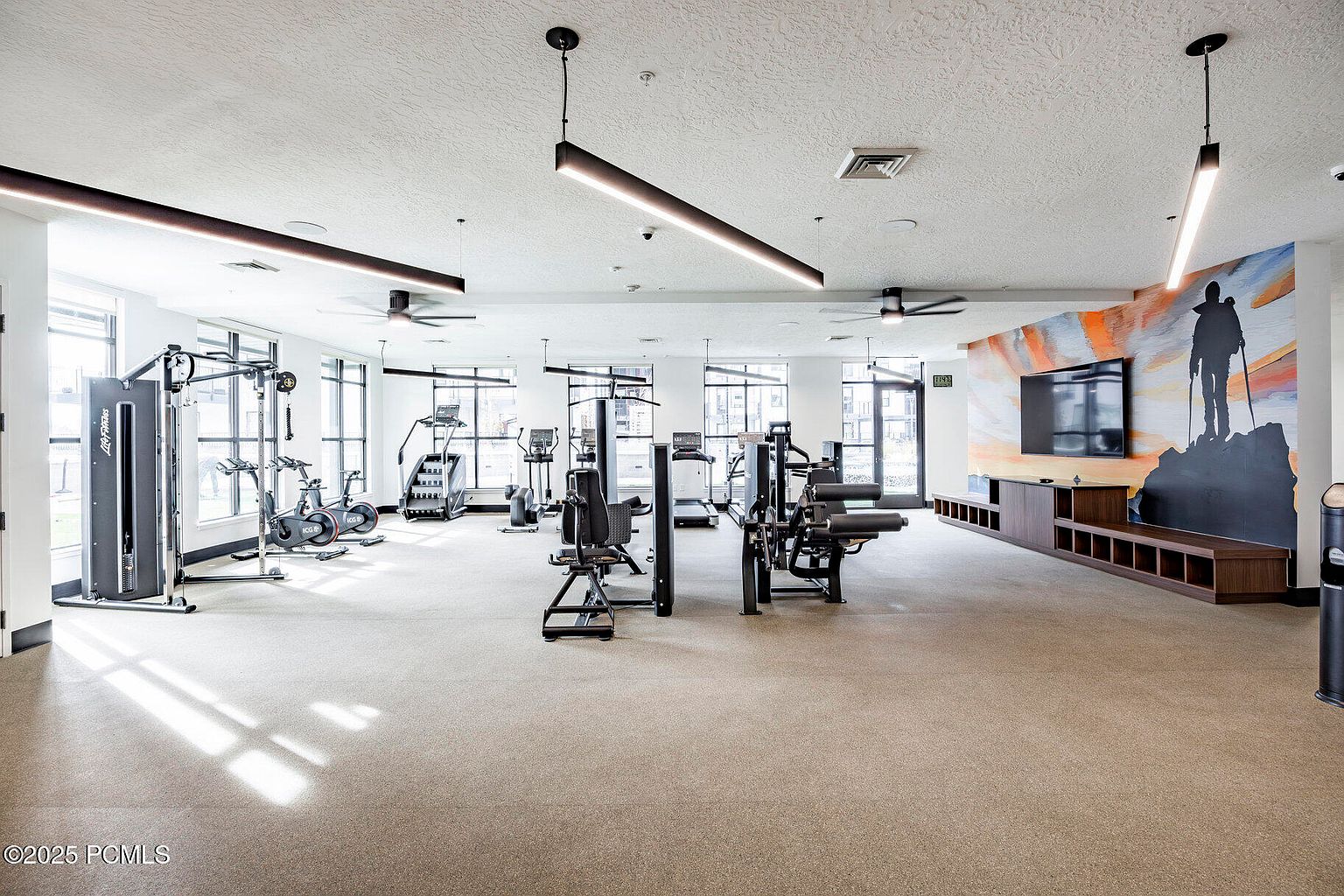This is a well-equipped home gym featuring various exercise machines, including treadmills, stationary bikes, and weight training equipment. The room has large windows providing natural light, and a mural adds a decorative touch. The space is clean, spacious, and designed for a comprehensive workout experience.