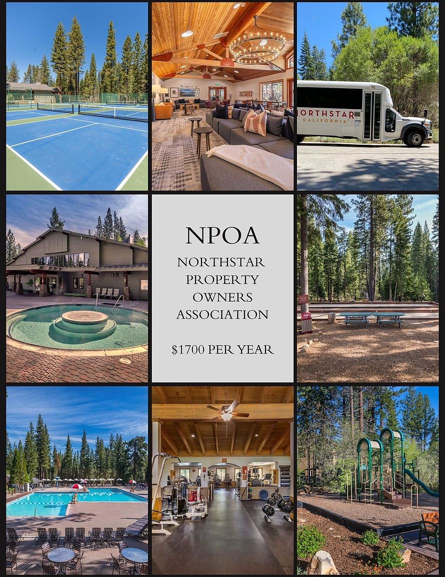 This collage showcases the various amenities offered by the Northstar Property Owners Association, including a tennis court, a cozy clubhouse lounge, and a shuttle bus. The image also highlights outdoor recreational features such as a swimming pool, a bocce ball court, a fitness center, and a children's playground. The overall presentation emphasizes a well-maintained, active community lifestyle set within a forested environment.