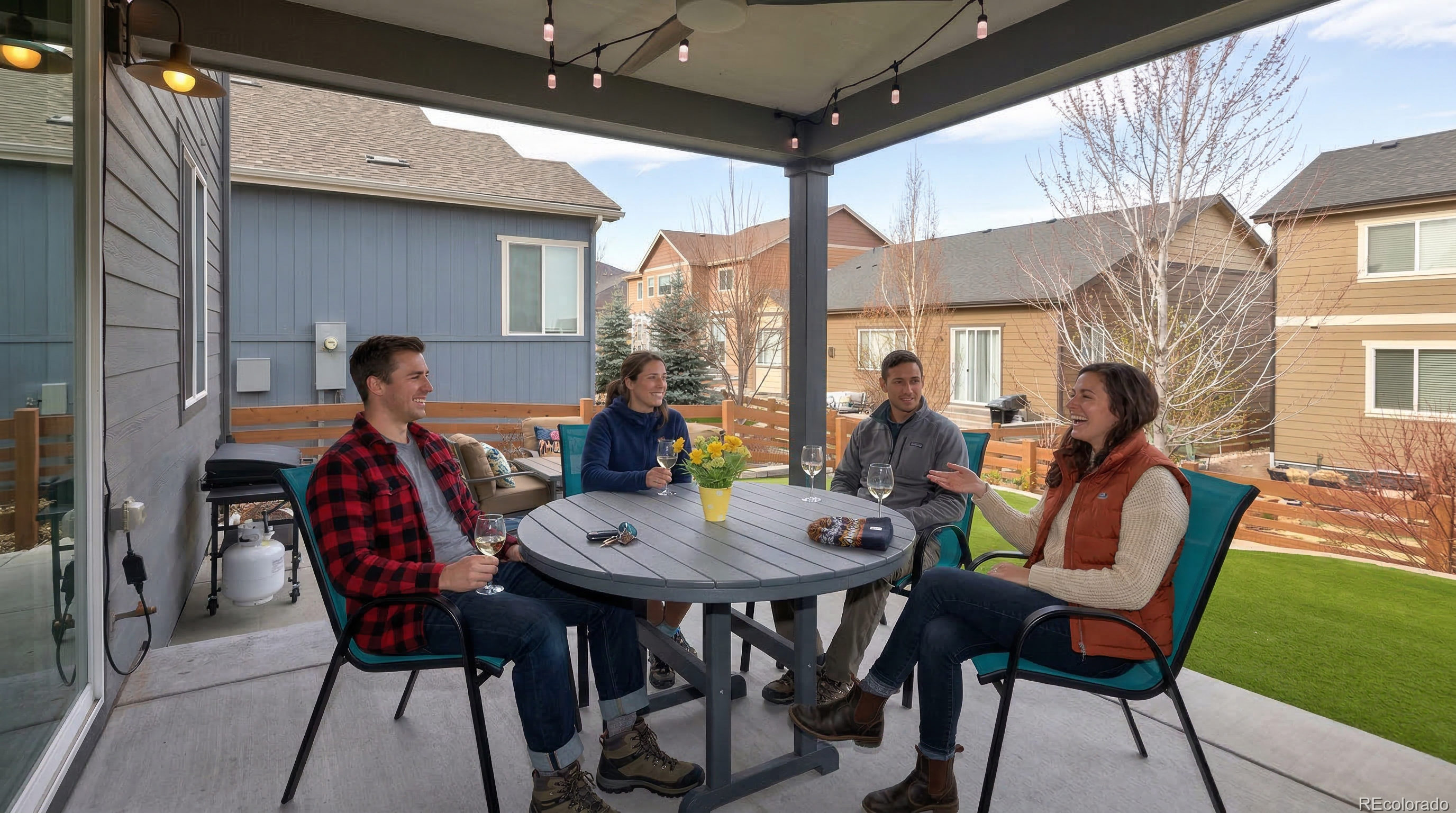 This outdoor patio space features a covered seating area with durable outdoor furniture and decorative string lighting, perfect for entertaining. It overlooks a manageable, well-maintained backyard with artificial turf and a wooden perimeter fence, offering a relaxed and private setting. The space captures a comfortable, modern suburban aesthetic, highlighted by neighbors' homes and clear neighborhood views.