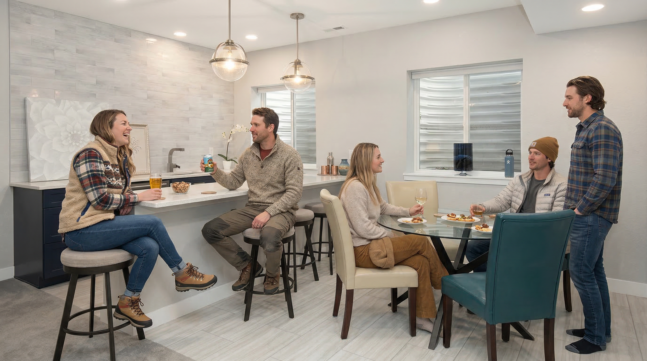 This finished basement area features a functional wet bar with a sleek countertop and stylish pendant lighting, ideal for entertaining. Adjacent to the bar is a cozy glass-topped dining area, creating a multifunctional space perfect for hosting guests. The light-toned walls, tile flooring, and clean finishes provide a bright and inviting atmosphere for indoor leisure.