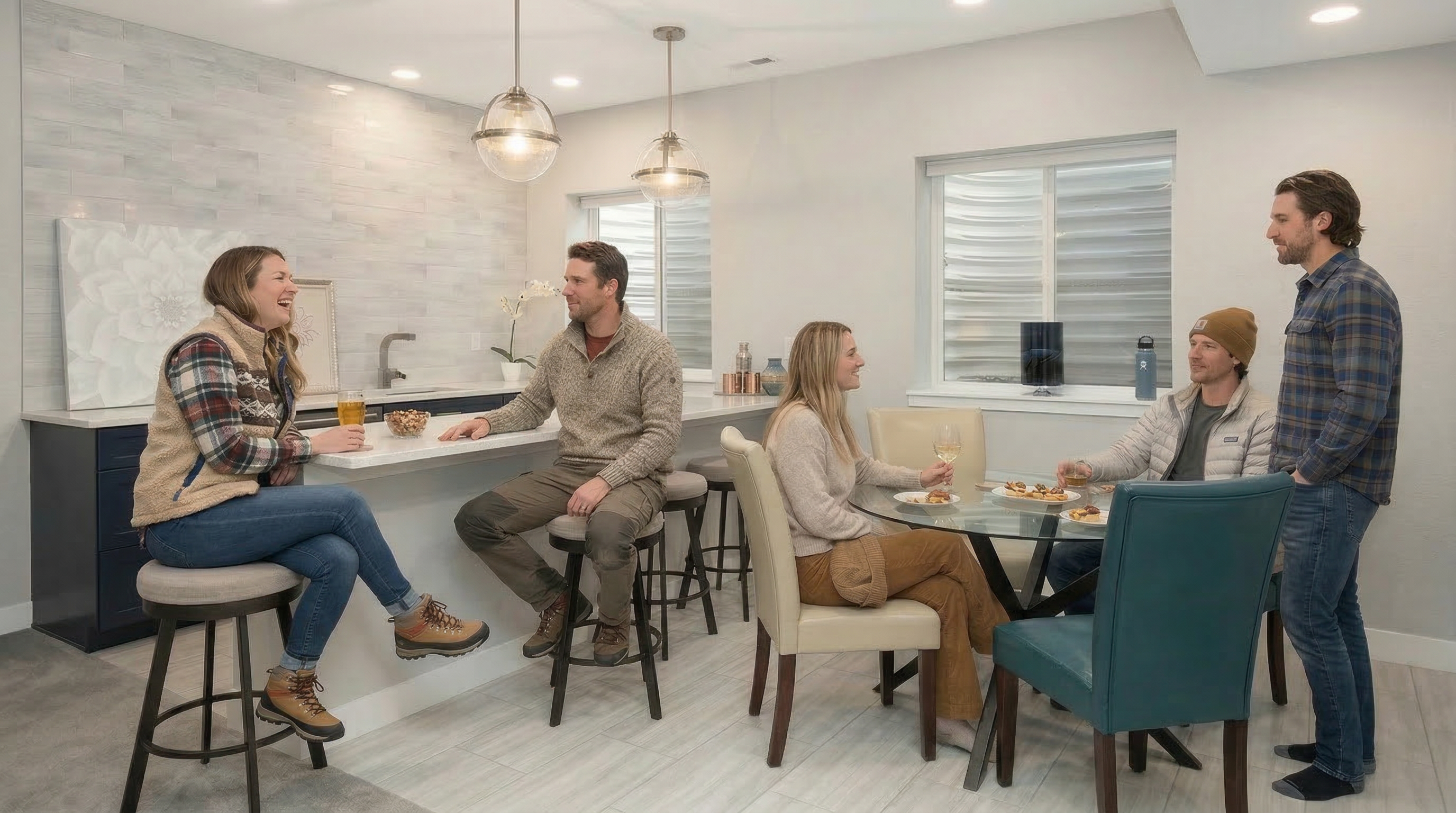 This finished basement area features a functional wet bar with a sleek countertop and stylish pendant lighting, ideal for entertaining. Adjacent to the bar is a cozy glass-topped dining area, creating a multifunctional space perfect for hosting guests. The light-toned walls, tile flooring, and clean finishes provide a bright and inviting atmosphere for indoor leisure.