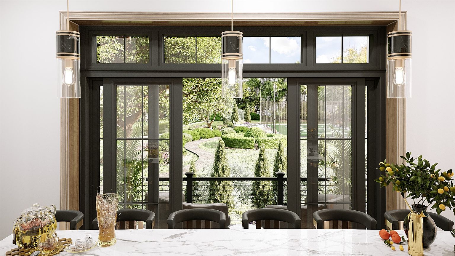 This image showcases a dining room with a view of a meticulously landscaped garden through large, dark-framed windows. The dining table, featuring a marble top, is set with elegant tableware and floral arrangements, suggesting a sophisticated and inviting space for meals. Pendant lights hang above the table, adding a touch of modern elegance to the room.