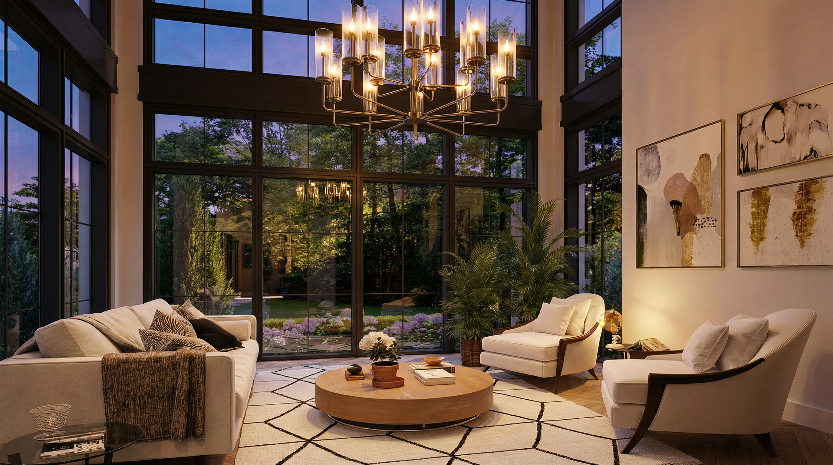 This elegant, high-ceilinged living room features expansive floor-to-ceiling black-framed windows that offer a serene view of a lush, illuminated garden. The space is anchored by a large, light-colored sectional sofa and two modern cream-colored armchairs arranged around a round oak coffee table on a geometric patterned rug. Sophisticated lighting, including a multi-tiered chandelier and curated wall art, enhances the tranquil and upscale aesthetic.
