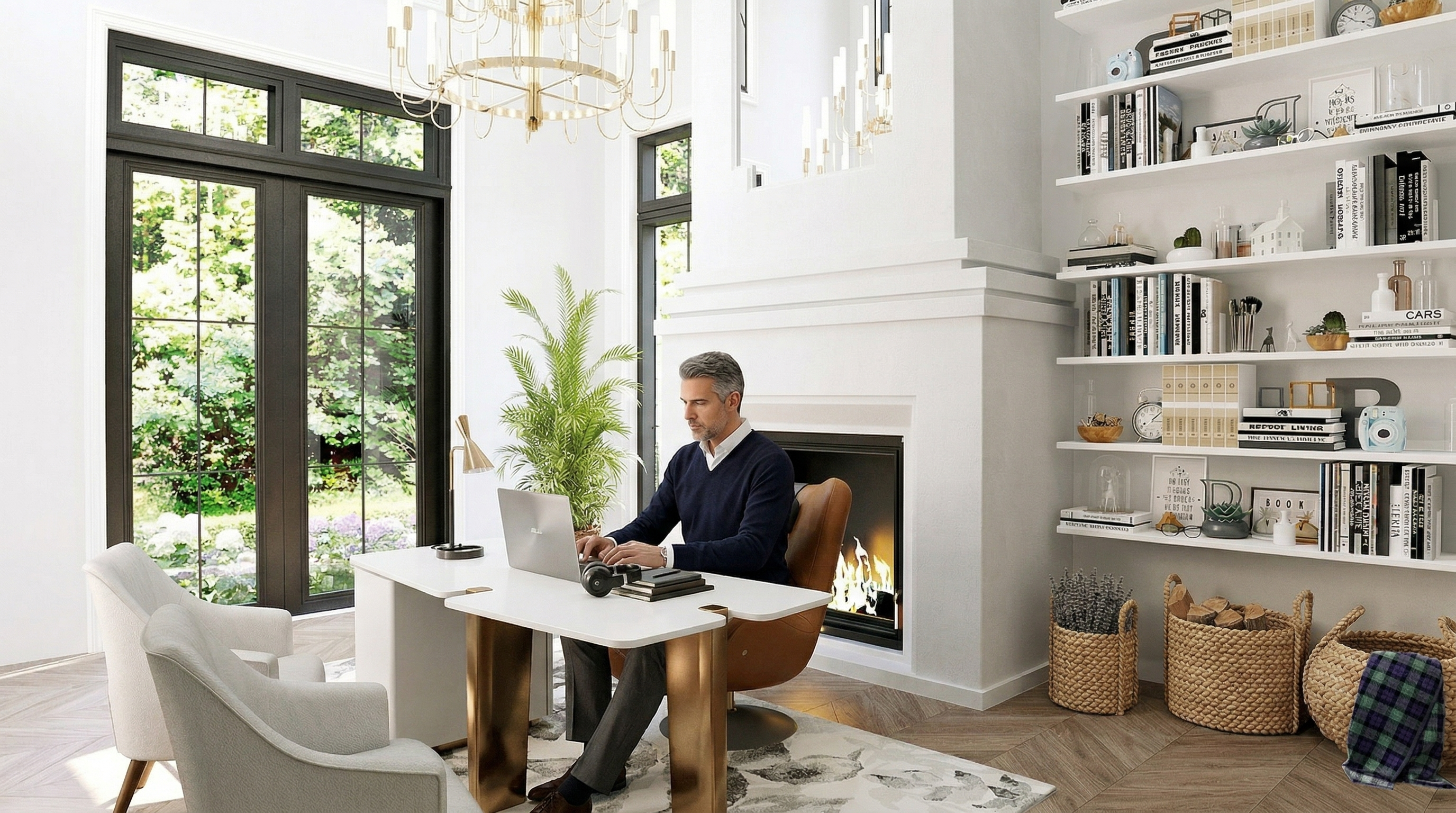 This is an elegant home office featuring a white desk with gold accents, a comfortable leather chair, and two additional armchairs. A large window provides natural light and a view of the outdoors, while a fireplace and built-in bookshelves add to the room's sophisticated ambiance. The space is decorated with plants and stylish accessories, creating a productive and inviting atmosphere.