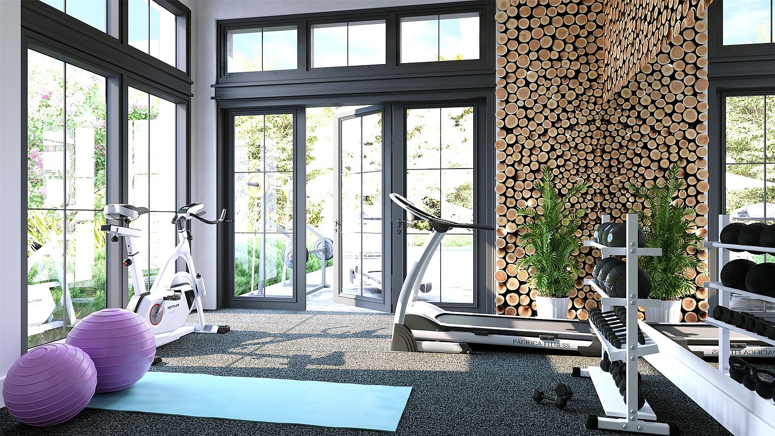This is an interior shot of a modern home gym featuring exercise equipment such as a stationary bike, treadmill, and weight rack. Large windows provide ample natural light and views of the outdoors, while a unique wood-paneled wall adds a touch of rustic charm. The room is well-equipped and designed for a comfortable workout experience.