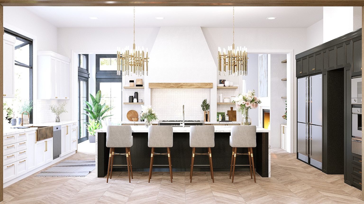 This is a bright and airy kitchen featuring a large island with seating, elegant gold chandeliers, and a mix of white and dark cabinetry. The kitchen is well-lit with natural light and features modern appliances and fixtures. The herringbone wood flooring adds a touch of warmth and sophistication.