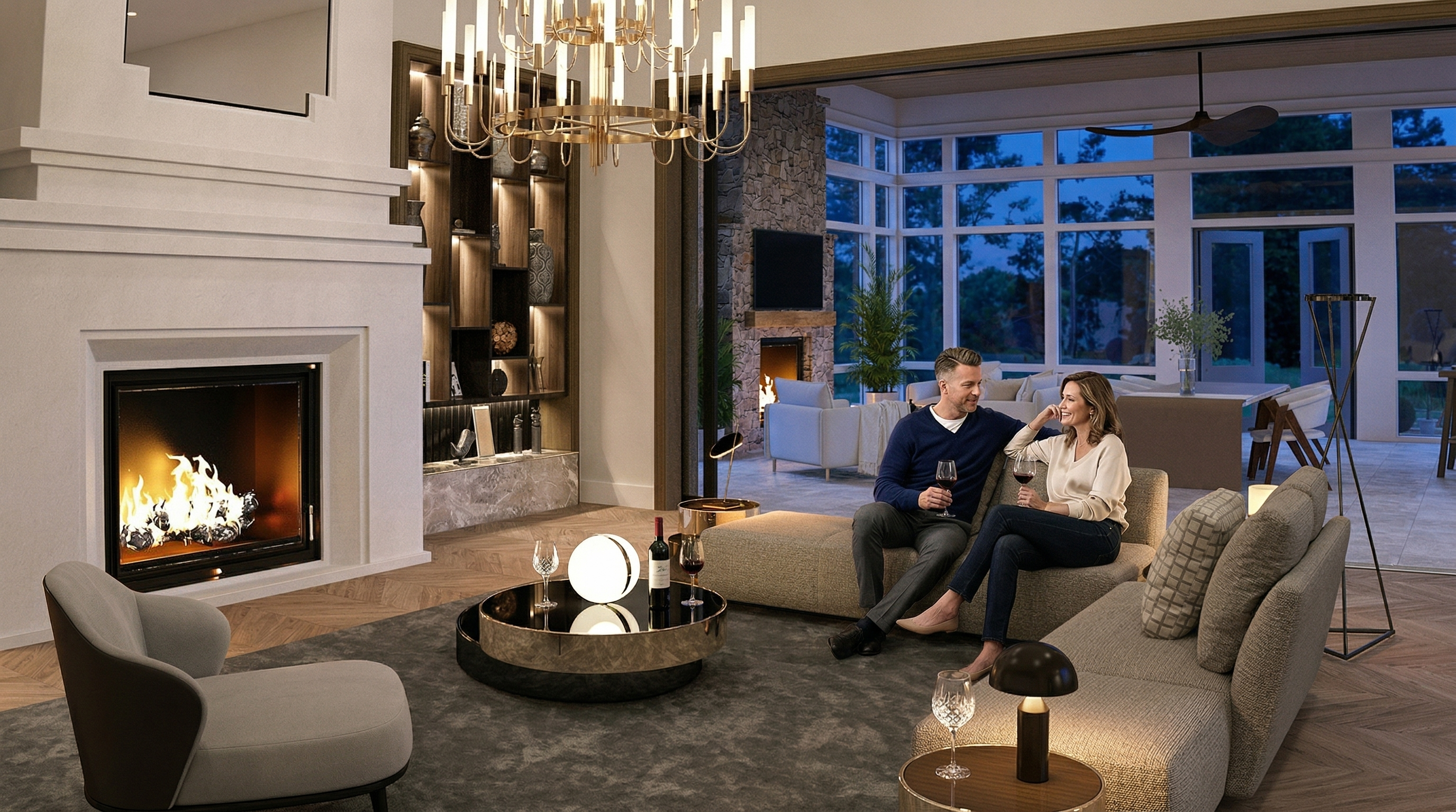 This sophisticated luxury living room features a contemporary fireplace, sleek designer furniture, and a high-end metallic chandelier. An open-concept layout seamlessly transitions into an adjacent sun-drenched lounge, offering premium finishes and a cozy, inviting atmosphere ideal for high-end residential living.
