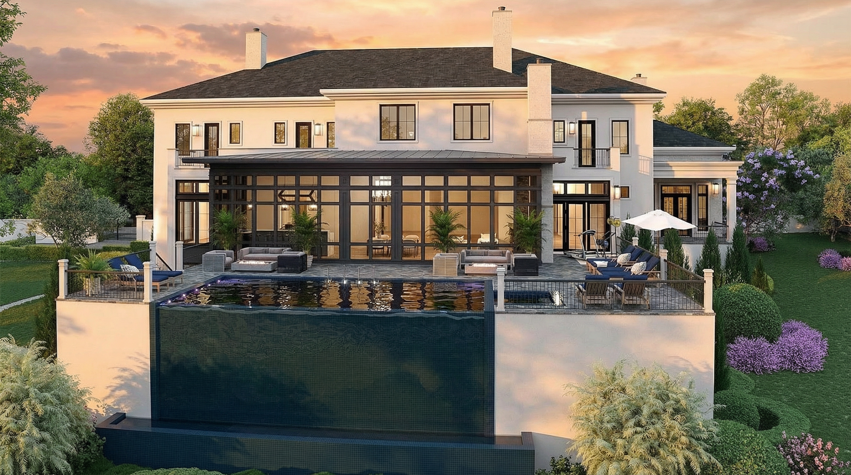 This luxury estate features a dramatic rear elevation with a striking infinity-edge swimming pool that offers a transparent side view. The home showcases a sophisticated, modern architectural design with a expansive grid-style sunroom, tiered landscaped gardens with purple flora, and an elevated stone patio perfect for outdoor living and entertaining. The overall impression is one of high-end elegance, blending refined structural elements with resort-style amenities.