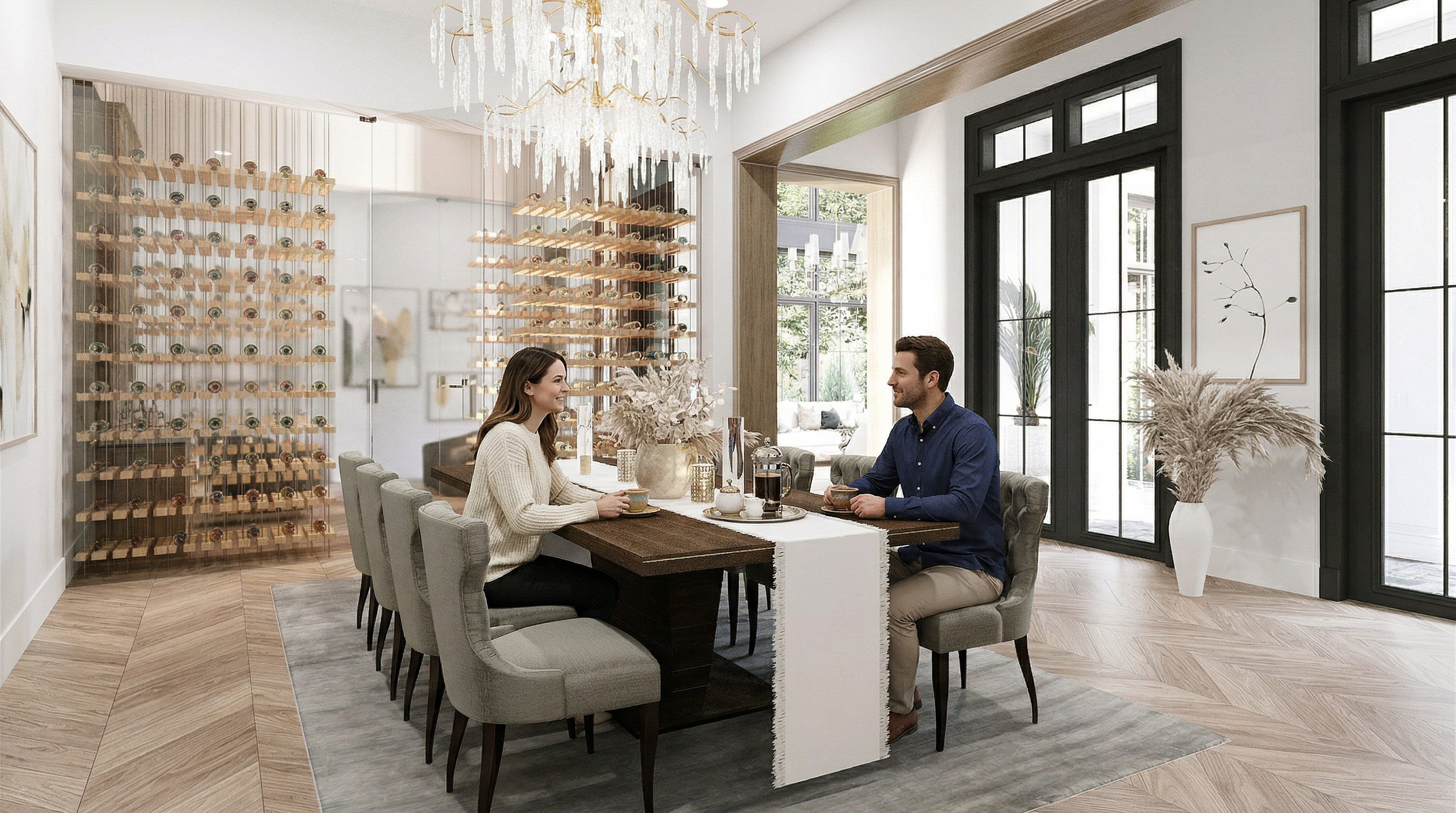 This elegant dining room features a warm, sophisticated aesthetic highlighted by a herringbone-patterned wood floor and a modern crystal chandelier. The space includes a contemporary wooden dining table with plush, tufted light grey chairs, set against a stunning glass-enclosed wine wall. The room is further elevated by large black-framed doors that invite natural light and provide a seamless connection to the outdoor living area.
