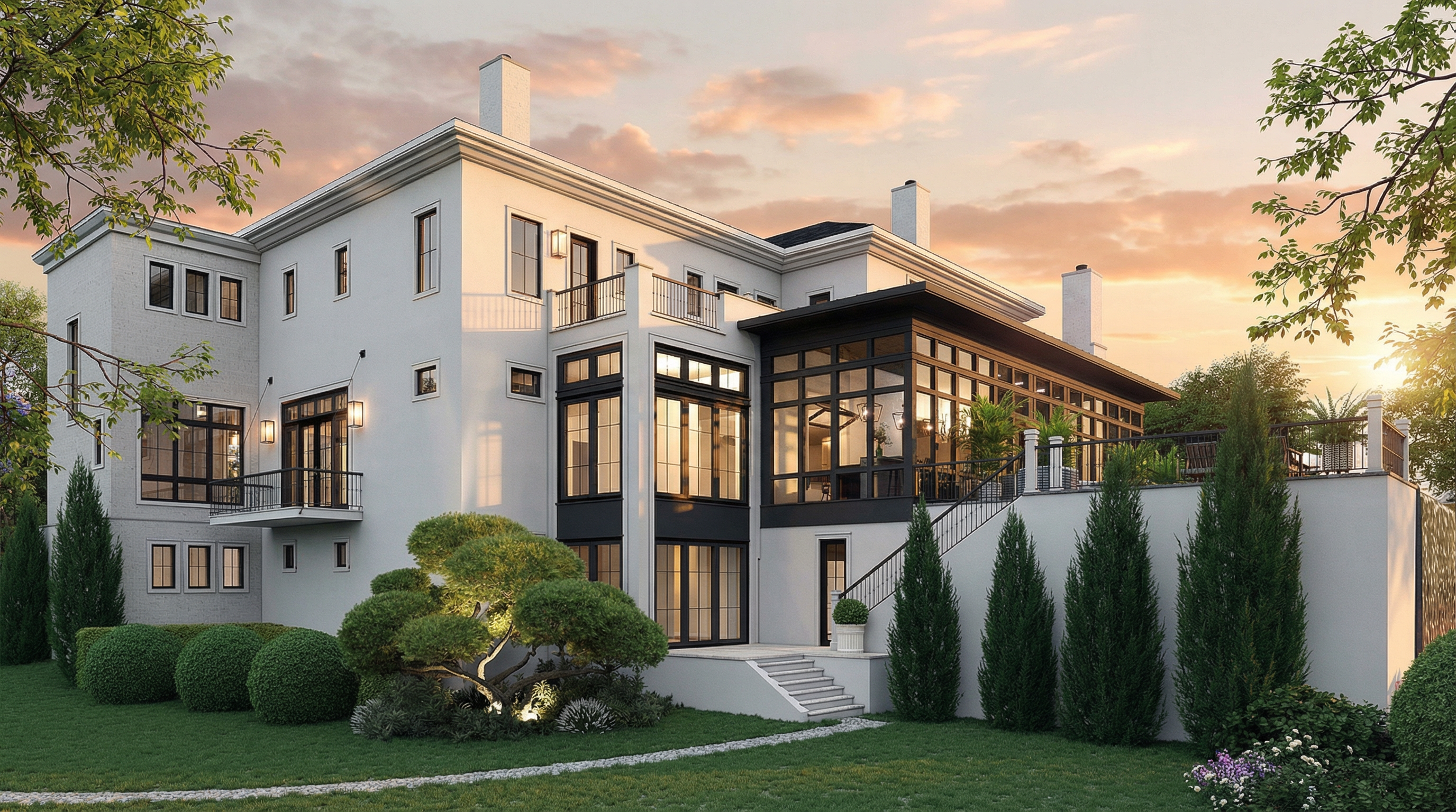 This stunning contemporary residence showcases a sophisticated architectural design with clean white finishes, black window frames, and expansive glass features. The rear view highlights a multilevel layout, including an elegant sun-drenched sunroom, a scenic terrace, and a beautifully manicured landscaped garden with mature evergreens. The property exudes luxury and refinement, perfect for high-end residential living.