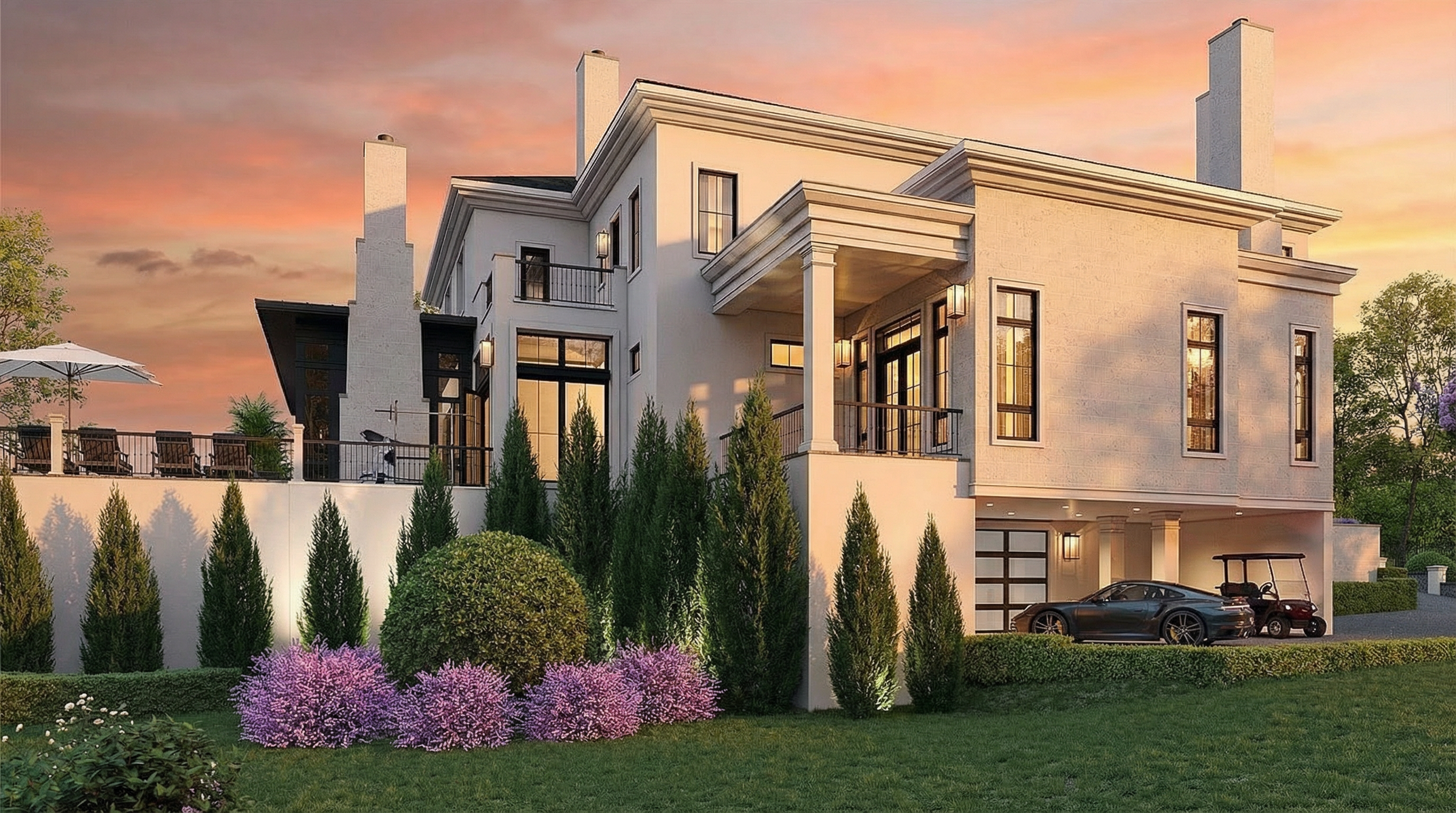This luxurious custom-built home showcases a modern architectural design with a light-colored stucco finish and expansive black-framed windows. The exterior features a multi-level terrace with a covered patio, a carport area housing a sports car and golf cart, and meticulously landscaped gardens with structured hedges and ornamental purple flowering shrubs. The warm evening sky highlights the sophisticated and balanced aesthetic, characteristic of an upscale residential property.