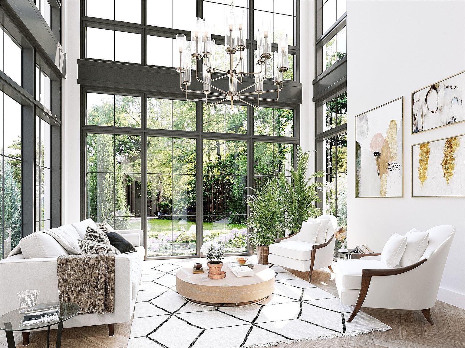 This is a bright and airy living room featuring floor-to-ceiling windows that offer a view of a lush garden. The room is furnished with a white sofa, two armchairs, and a round coffee table, all arranged on a geometric patterned rug. The high ceilings are adorned with a modern chandelier, and artwork hangs on the wall, creating a sophisticated and inviting atmosphere.