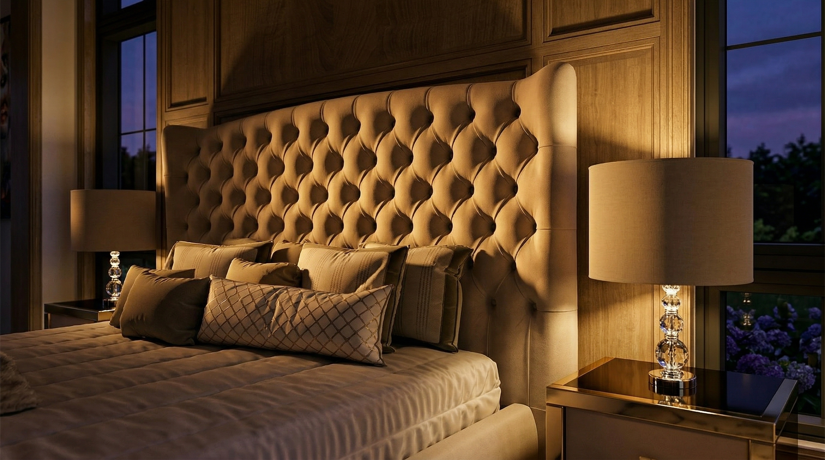 This luxurious primary bedroom features an elegant, floor-to-ceiling tufted beige headboard that serves as a grand focal point. Crystal-based table lamps on mirrored nightstands provide warm, ambient lighting, creating a sophisticated and cozy atmosphere. The room is enriched by wood-paneled walls and plush bedding, highlighting a high-end, contemporary interior design.