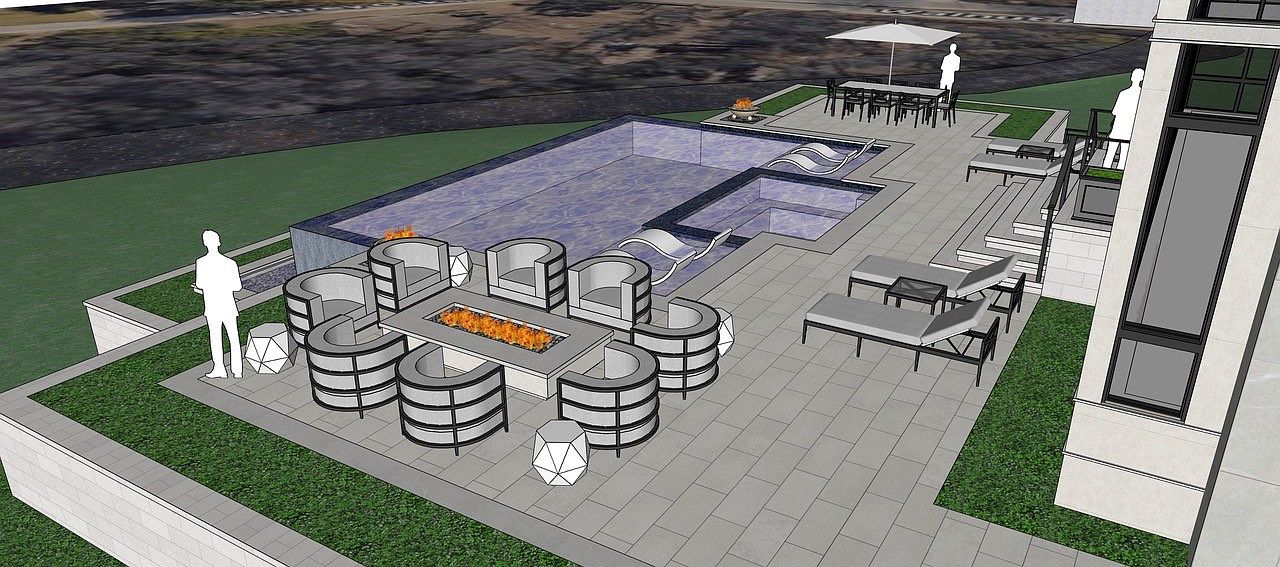 This image showcases a luxurious backyard pool and patio area, perfect for entertaining. The pool features a unique design with integrated lounge chairs, complemented by a fire pit surrounded by modern seating. The patio is spacious and includes additional lounge chairs and an outdoor dining area, creating a resort-like atmosphere.