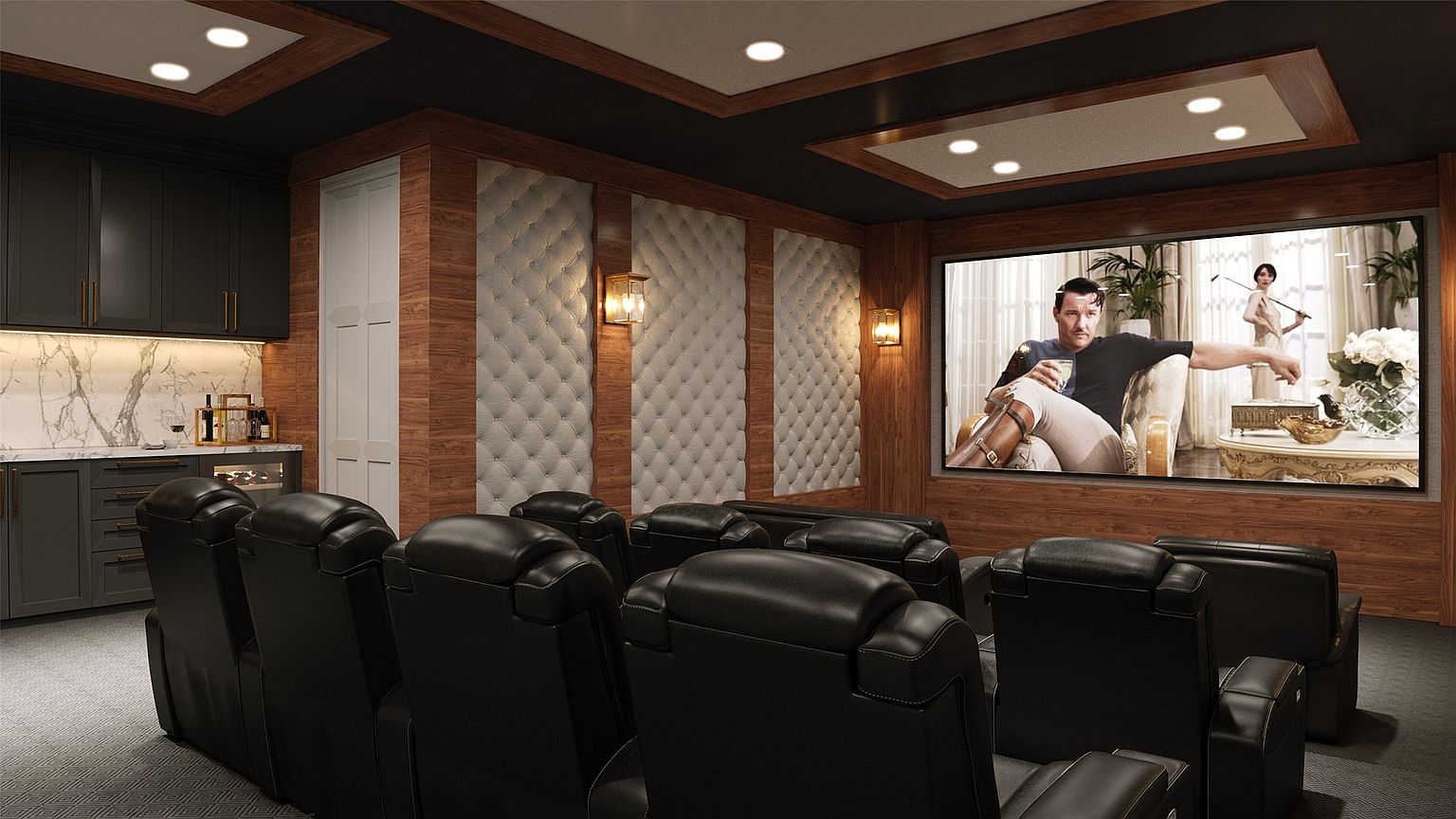 This is an interior shot of a home theater, featuring multiple rows of black leather recliners facing a large screen displaying a scene from a movie. The room is decorated with wood paneling, upholstered wall panels, and recessed lighting, creating a luxurious and immersive viewing experience. A wet bar is visible on the left side of the room.