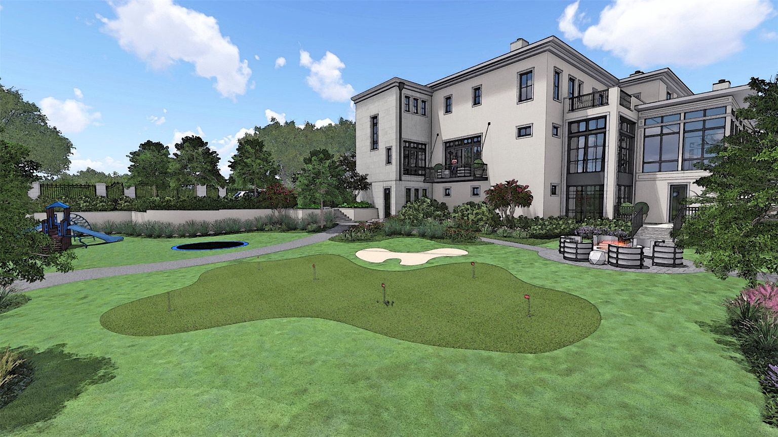 This image showcases a beautifully landscaped backyard featuring a putting green, sand trap, and a fire pit area with modern seating. A children's play area with a slide and trampoline is visible in the background, along with a well-maintained lawn and mature trees. The property is adjacent to a large modern home with multiple windows and a balcony, creating a luxurious and family-friendly outdoor space.