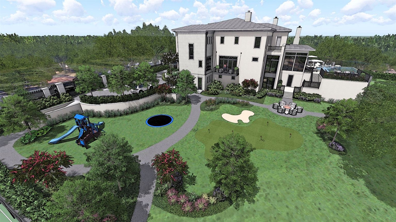This aerial view showcases a meticulously landscaped backyard featuring a modern home with a rooftop pool. The yard includes a putting green, a sand trap, a trampoline, a playground, and a fire pit area, all connected by winding pathways. The property is surrounded by lush greenery, offering a private and luxurious outdoor living space.