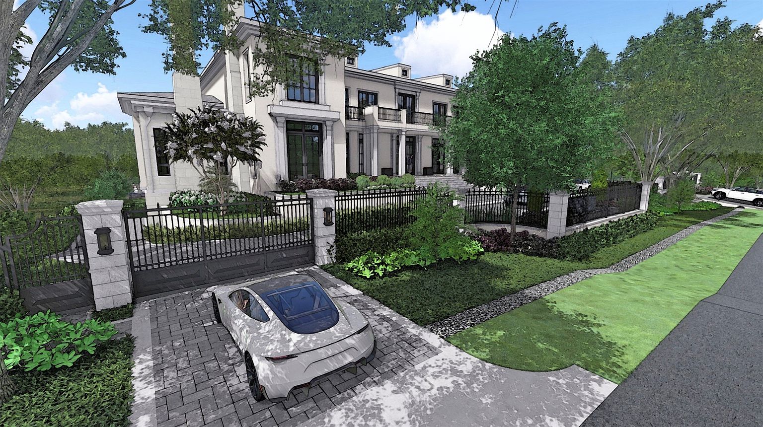 This is a front exterior view of a grand, modern-style home with a light-colored facade, dark-framed windows, and a gated entrance. A sleek, white sports car is parked in the brick-paved driveway, adding a touch of luxury. The property is surrounded by lush landscaping, including trees, shrubs, and a well-manicured lawn, enhancing its curb appeal.