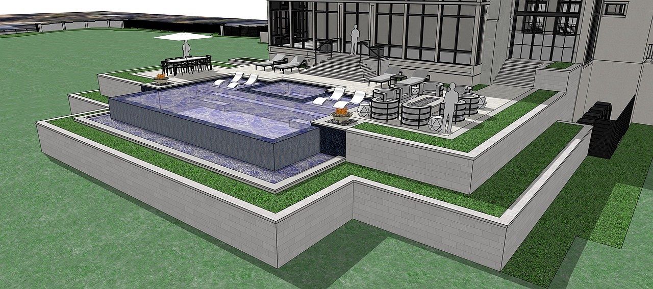 This image showcases a luxurious backyard pool and spa area, featuring a modern design with tiered landscaping and a sleek, rectangular pool. The outdoor space includes lounge chairs, a dining area, and a fire pit, creating an inviting atmosphere for relaxation and entertainment. The perspective is from an elevated angle, providing a comprehensive view of the entire outdoor living space.