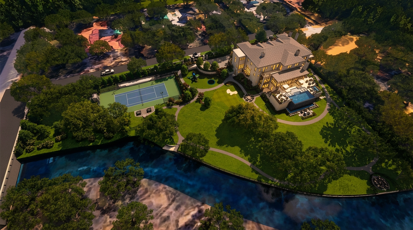 This aerial view showcases a luxurious estate featuring a large house with a pool, a tennis court, and a meticulously landscaped yard. The property is bordered by a body of water, enhancing its privacy and appeal. Lush greenery surrounds the estate, creating a serene and exclusive atmosphere.