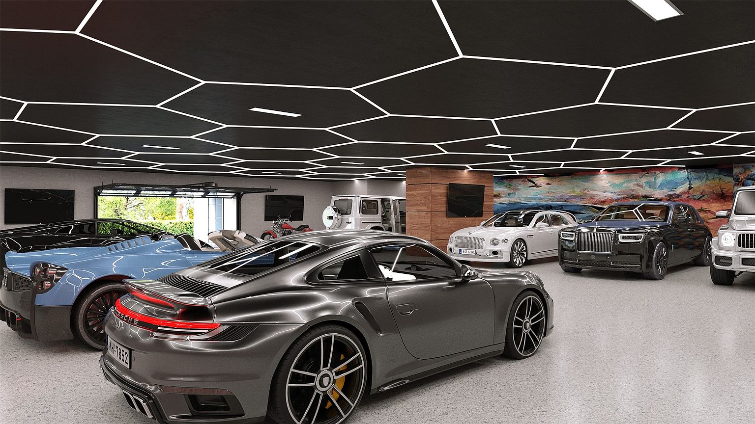 This image showcases a luxurious garage interior, featuring a collection of high-end cars under a modern, geometrically patterned ceiling with integrated lighting. The space is well-lit and appears spacious, suggesting a high-value property with ample storage and display for luxury vehicles. The perspective is from the rear of the garage, highlighting the depth and the variety of cars.