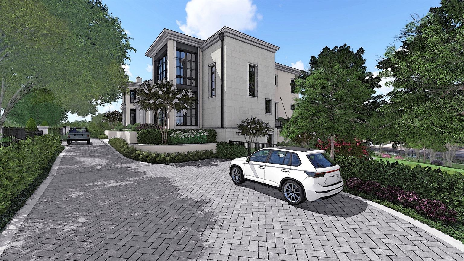 This image showcases the front exterior of a modern, luxurious home with a light-colored facade and dark-framed windows. A paved driveway leads to the house, with a white SUV parked in the foreground and another vehicle further back. Lush landscaping and mature trees frame the property, enhancing its curb appeal and creating a sense of privacy.