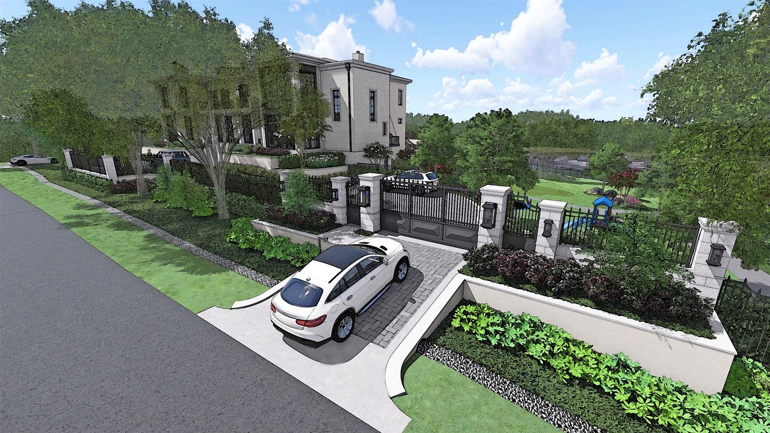 This is a rendering of a grand home showcasing its front exterior. The property features a gated entrance with stone pillars, a well-manicured lawn, and a circular driveway with a white car parked. The house itself is multi-story with large windows and a neutral color palette, suggesting a luxurious and sophisticated design.