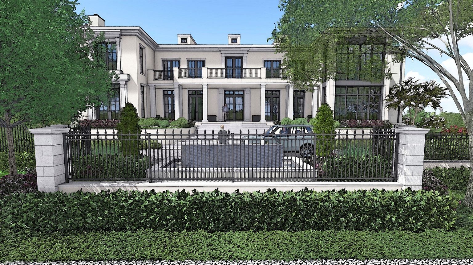 This is a front view of a grand, two-story residence with a symmetrical facade. The house features a series of columns supporting a balcony, multiple windows with dark frames, and a manicured front yard with a black iron fence. A dark-colored SUV is parked in the driveway, and mature trees frame the house, adding to its stately presence.