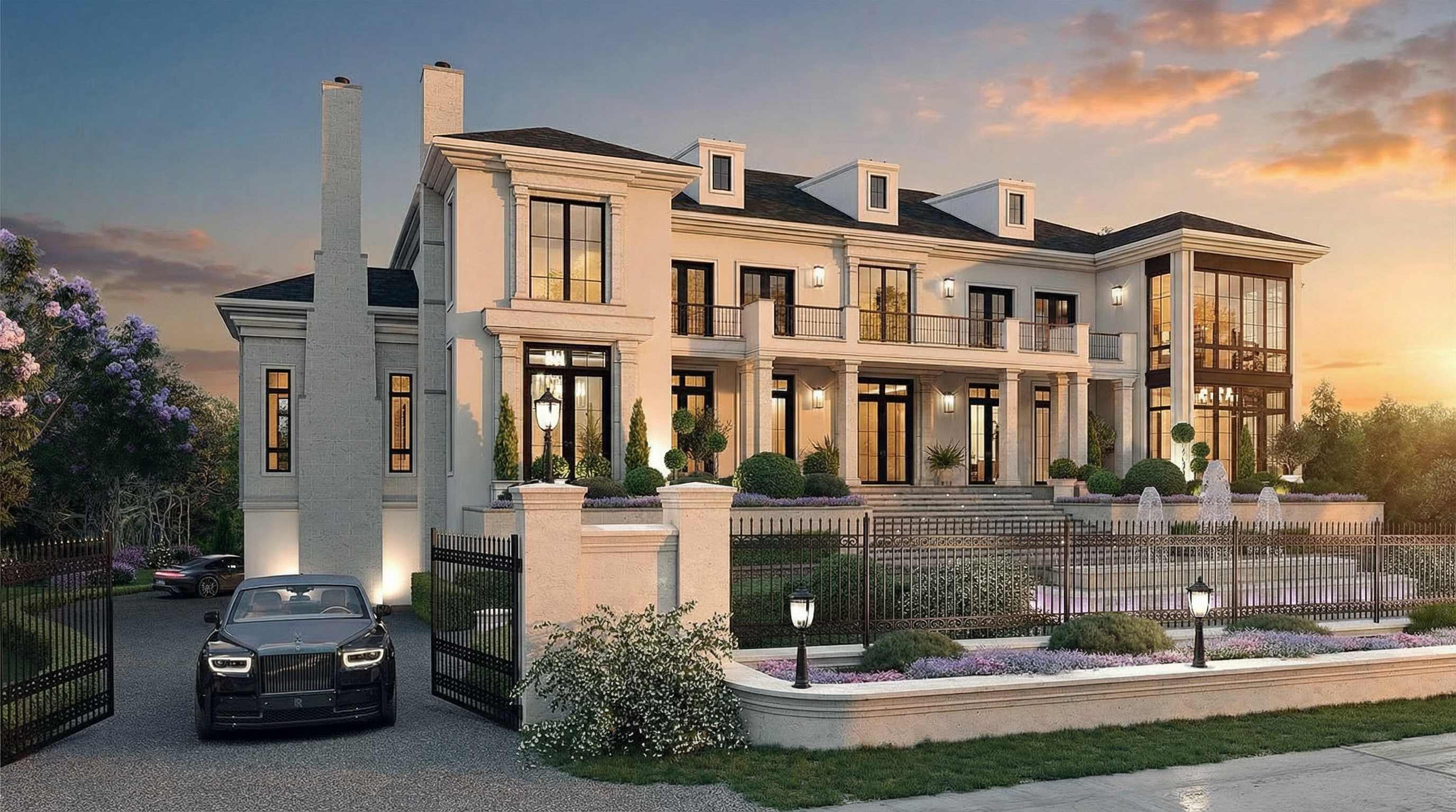 This grand, stately mansion exhibits a sophisticated neoclassical architectural style, characterized by clean lines, symmetrical design, and a light stone facade. The property features an elegant courtyard entry with a private gated driveway holding a high-end luxury vehicle, elaborate landscaping, and a tiered water feature. Large black-framed windows and a prominent columned balcony contribute to a luxurious and imposing curb appeal suitable for an upscale estate listing.