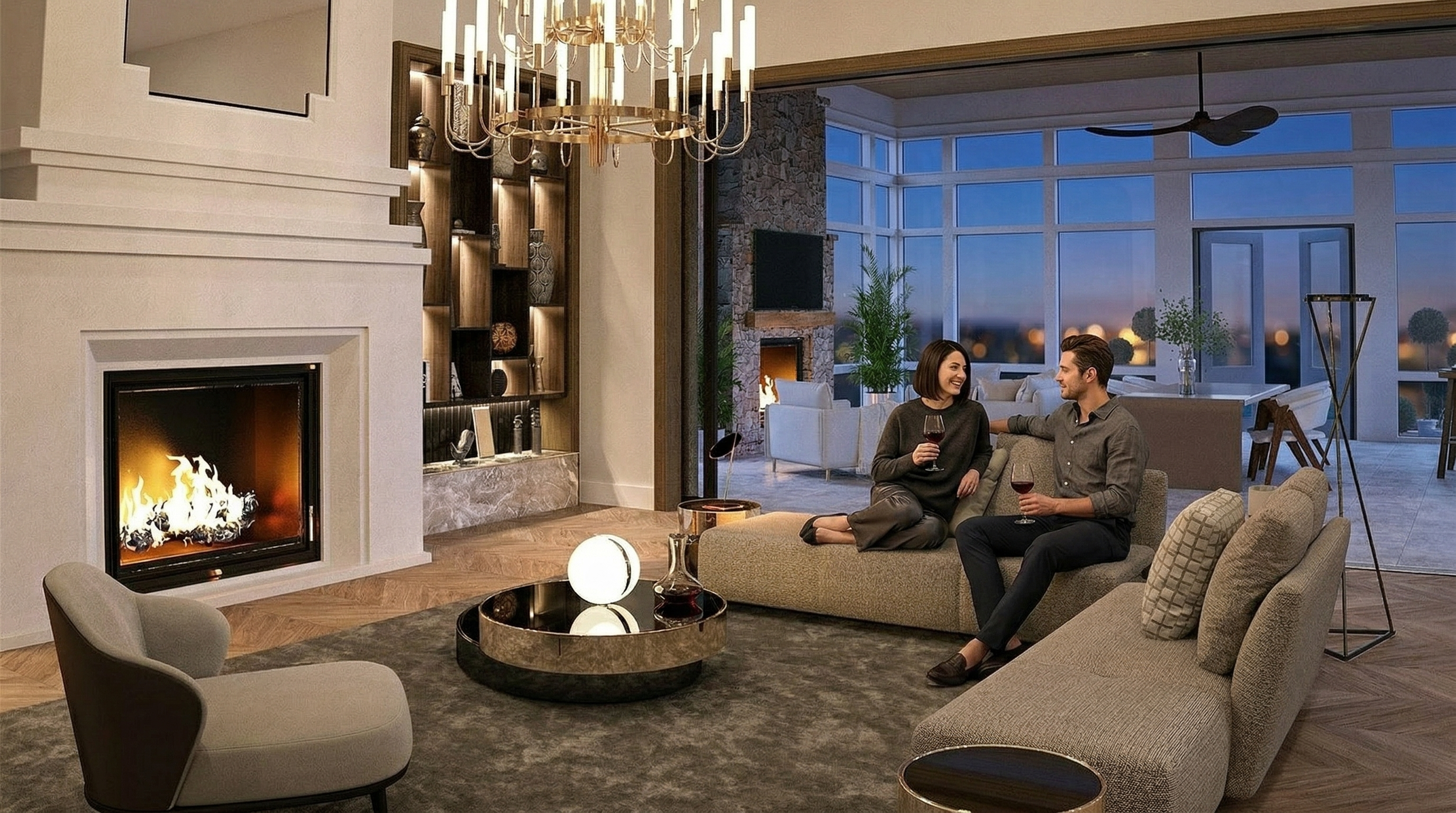 This sophisticated and cozy living room features a grand fireplace, an elegant chandelier, and a custom built-in shelving unit. It offers an open-concept flow into a bright sunroom, creating a seamless transition between indoor relaxation and expansive, illuminated views that are perfect for entertaining.