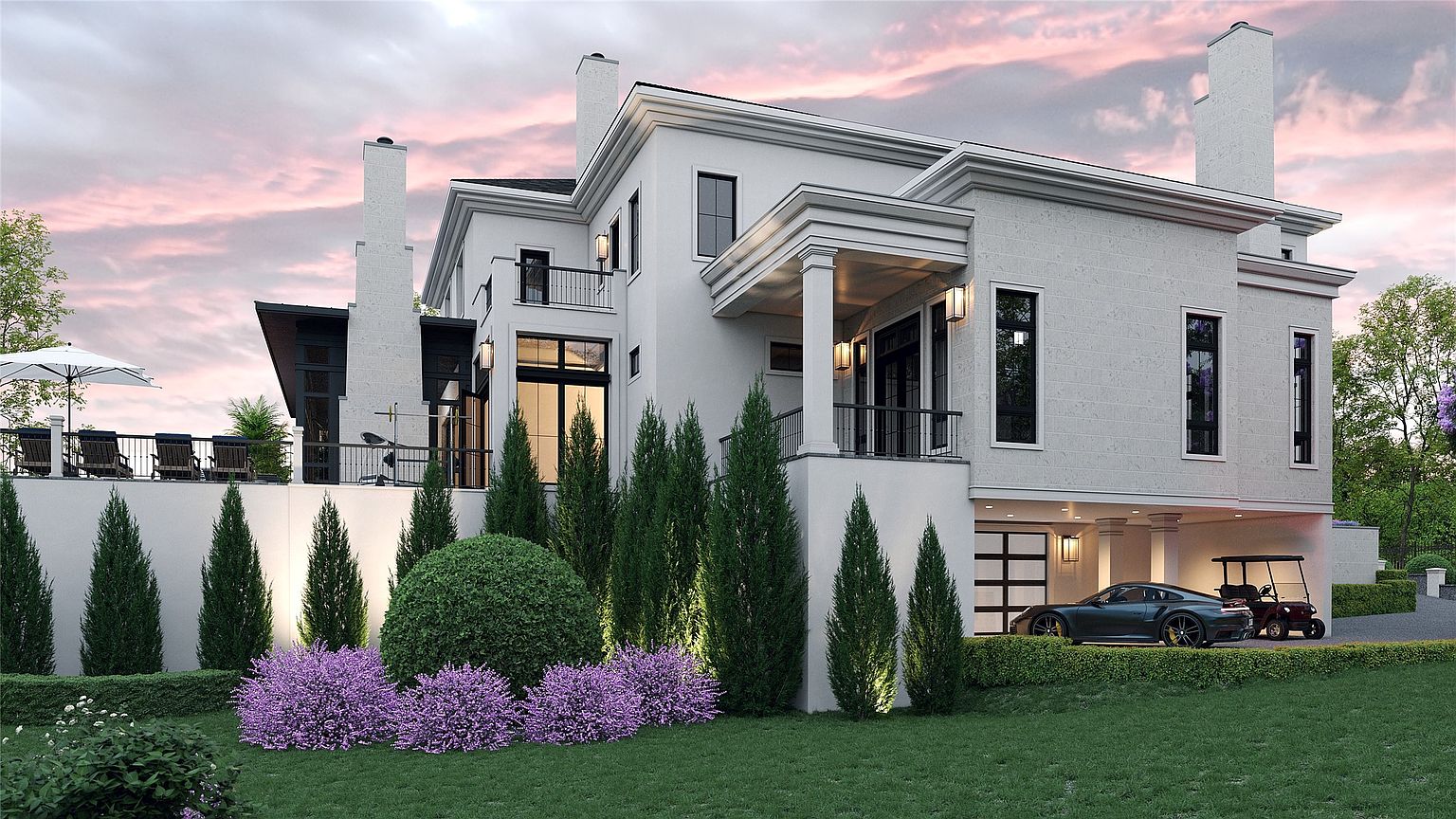 This is a front exterior view of a modern, luxurious two-story home. The house features a light-colored facade, multiple windows with dark frames, and a well-manicured lawn with purple flowering bushes and tall, slender trees. A car and golf cart are parked under a covered area, adding to the property's appeal.