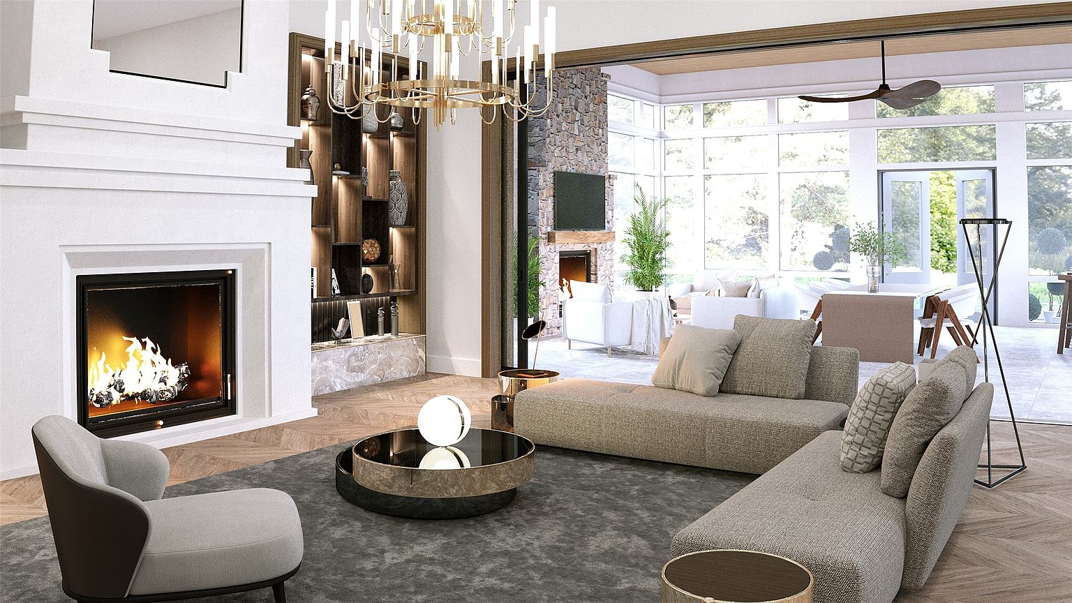 This is a luxurious living room featuring a modern fireplace, a stylish chandelier, and comfortable seating. The room is well-lit with natural light streaming through large windows, creating a bright and inviting atmosphere. The design incorporates a mix of textures and materials, adding depth and sophistication to the space.