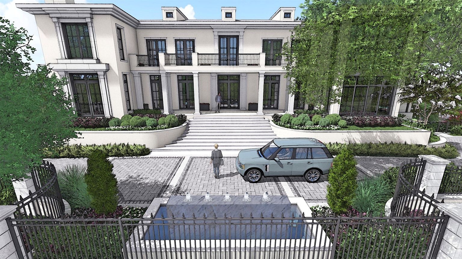 This is a front view of a grand, two-story residence featuring a symmetrical facade with multiple windows and a central entrance with columns. A wide set of stairs leads up to the front door, flanked by manicured landscaping. A luxury SUV is parked in the paved driveway, and a decorative fountain is visible in the foreground, adding to the property's curb appeal.