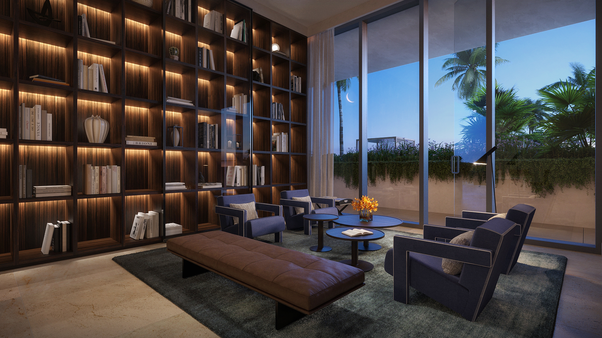 This interior shot showcases a sophisticated living room with a floor-to-ceiling bookshelf filled with books and decorative items, creating a cozy and intellectual atmosphere. The room features comfortable seating arrangements with modern armchairs and a leather bench, complemented by stylish coffee tables and a large window offering a view of lush greenery and the night sky. The overall design exudes elegance and tranquility, perfect for relaxation and reading.