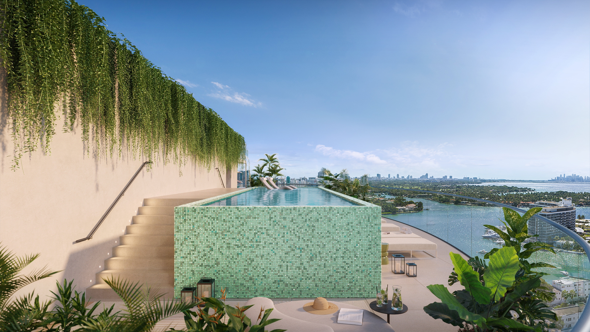 This image showcases a luxurious rooftop pool area with stunning panoramic views of the city and bay. The pool is surrounded by stylish lounge furniture, lush greenery, and modern architectural details, creating an exclusive and relaxing atmosphere. The overall impression is one of high-end living and sophisticated design.