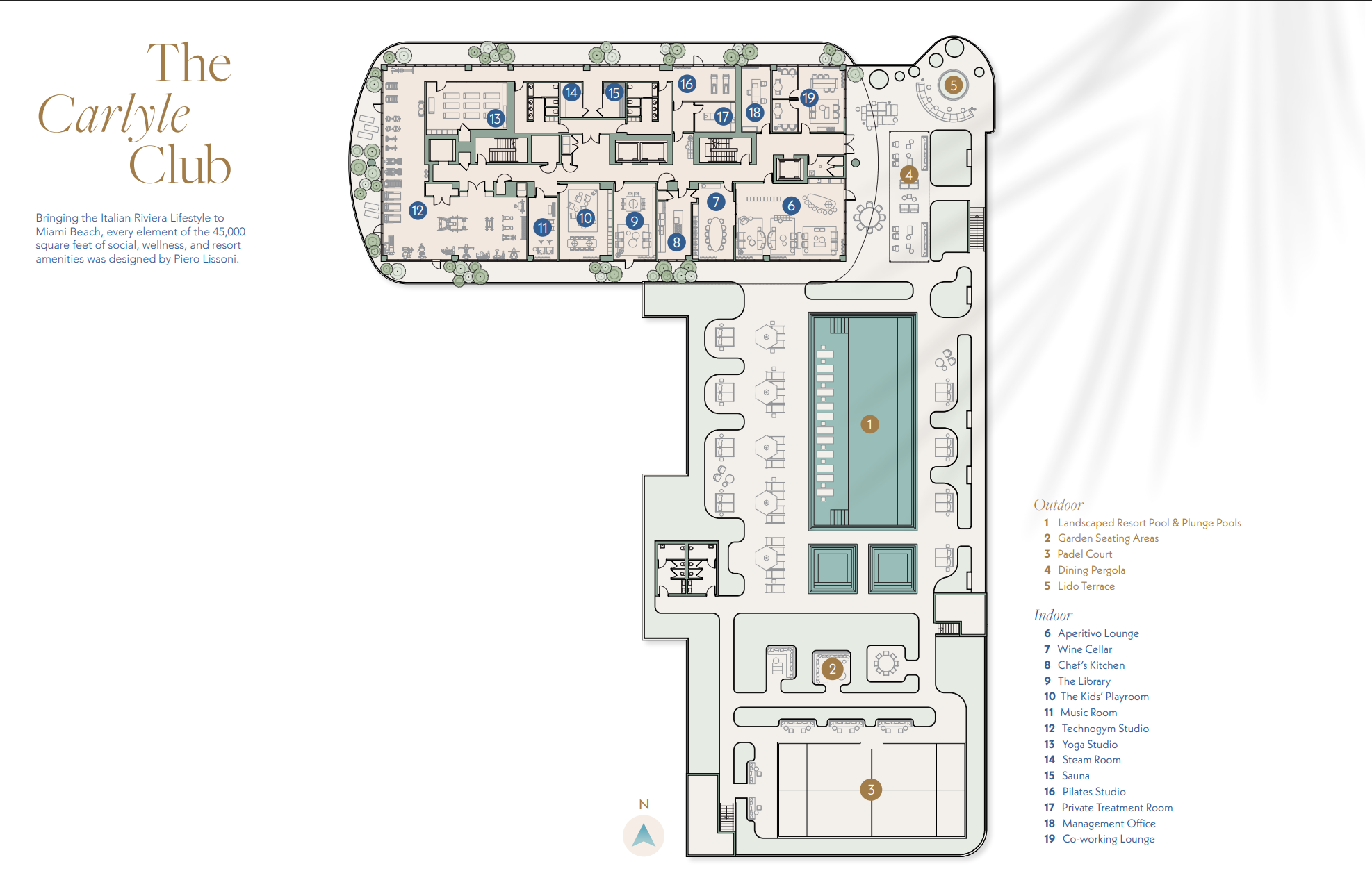 This image showcases a meticulously designed floor plan of 'The Carlyle Club', highlighting the extensive amenities available. The plan features a mix of outdoor luxuries like a landscaped pool and plunge pools, garden seating areas, and a padel court coupled with indoor conveniences, including a Technogym studio, wine cellar, and co-working lounge. This resort-style living emphasizes social, wellness, and recreational aspects, all designed by Piero Lissoni.
