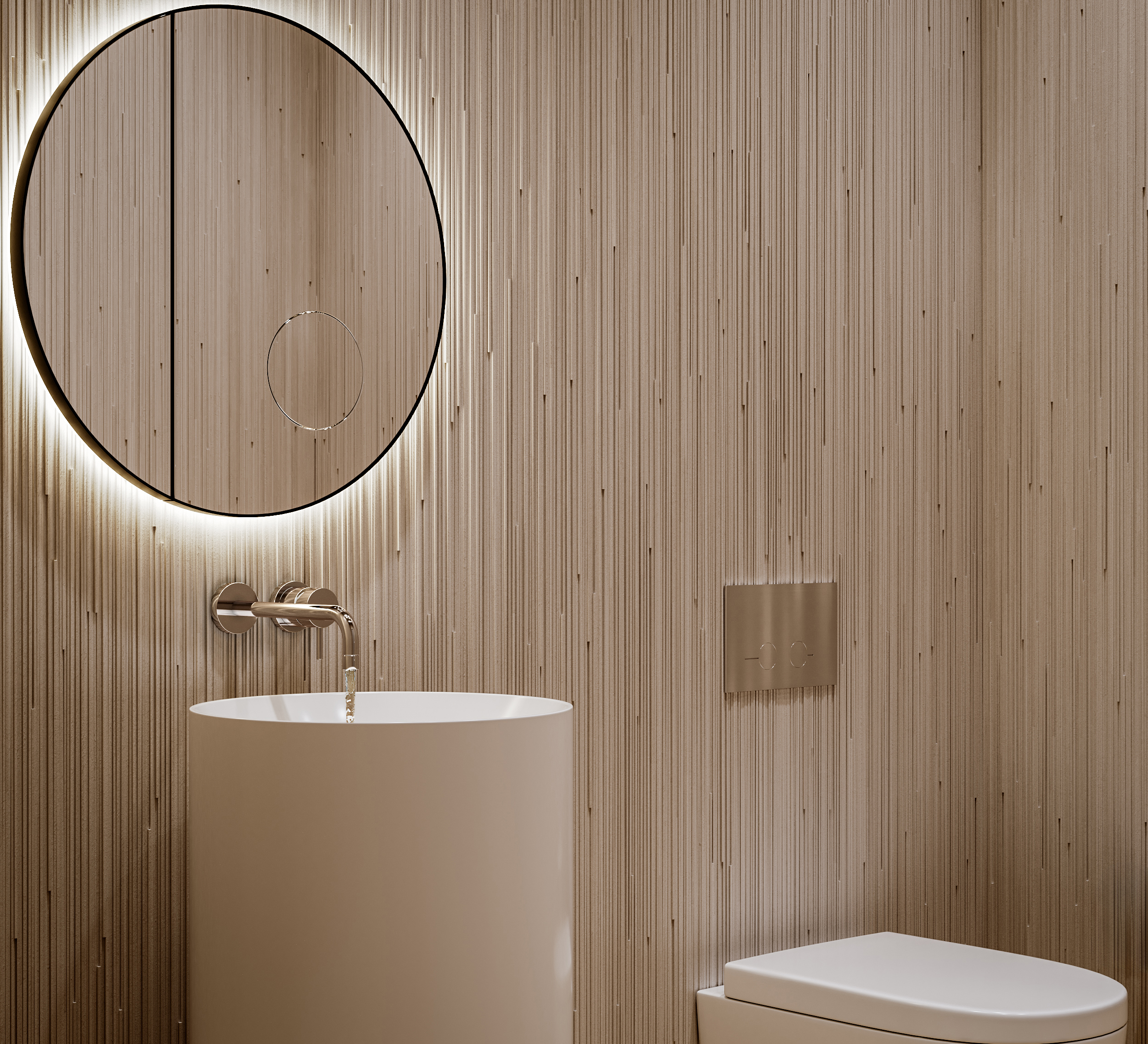 This is a modern bathroom featuring a round vessel sink with a wall-mounted faucet, complemented by a round mirror with integrated lighting. The walls are adorned with textured vertical panels, adding depth and visual interest. A toilet with a flush plate is visible on the right, completing the minimalist and stylish design.
