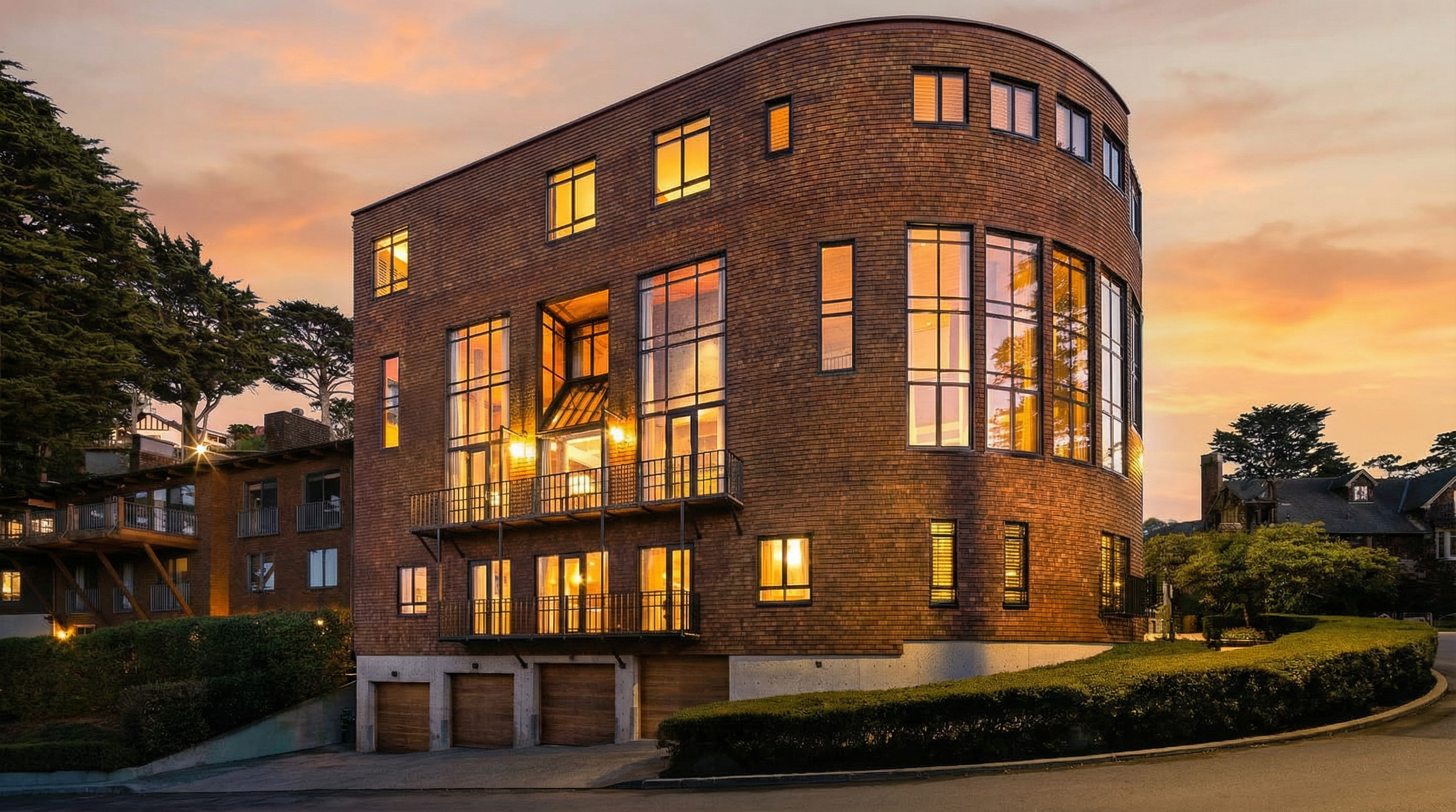 This is a front exterior view of a unique, modern home with a curved facade and wood shingle siding. The building features multiple large windows and balconies, suggesting ample natural light and outdoor living spaces. The property includes a garage and is surrounded by well-maintained landscaping, creating a sophisticated and inviting atmosphere.