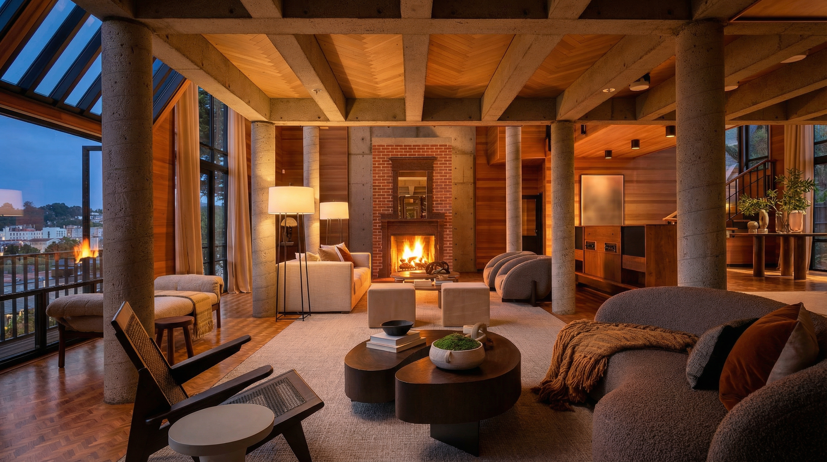 This is a spacious living room featuring exposed concrete beams and columns, complemented by warm wood paneling. The room is furnished with modern seating arrangements, including a curved sofa and unique coffee tables, all set on a large area rug. Natural light floods the space through large windows, creating a bright and inviting atmosphere.