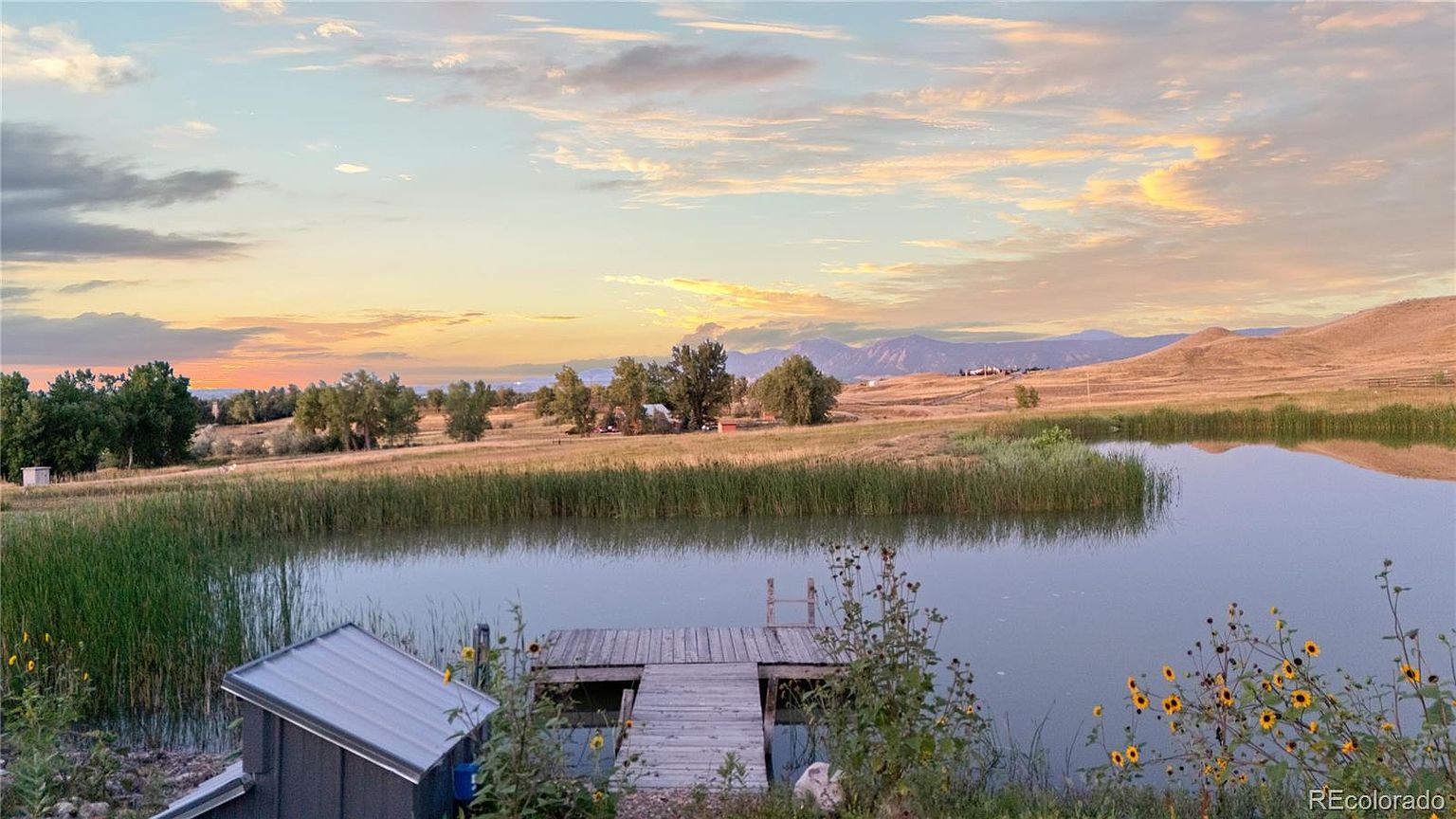 This picturesque exterior shot showcases a serene pond with a wooden dock, surrounded by lush reeds and vibrant sunflowers. The landscape extends to rolling hills and distant mountains under a colorful sky, creating a tranquil and inviting atmosphere. A small structure with a metal roof is visible near the pond's edge, adding a touch of rustic charm.